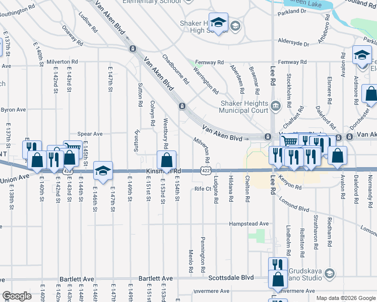 map of restaurants, bars, coffee shops, grocery stores, and more near 3430 Milverton Road in Shaker Heights