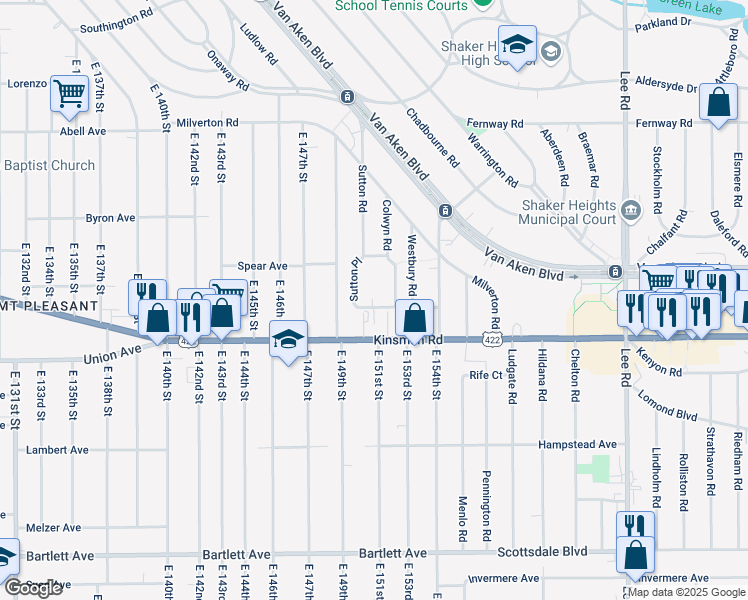 map of restaurants, bars, coffee shops, grocery stores, and more near 24 Sutton Place in Shaker Heights