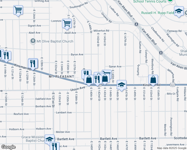 map of restaurants, bars, coffee shops, grocery stores, and more near 3442 East 140th Street in Cleveland