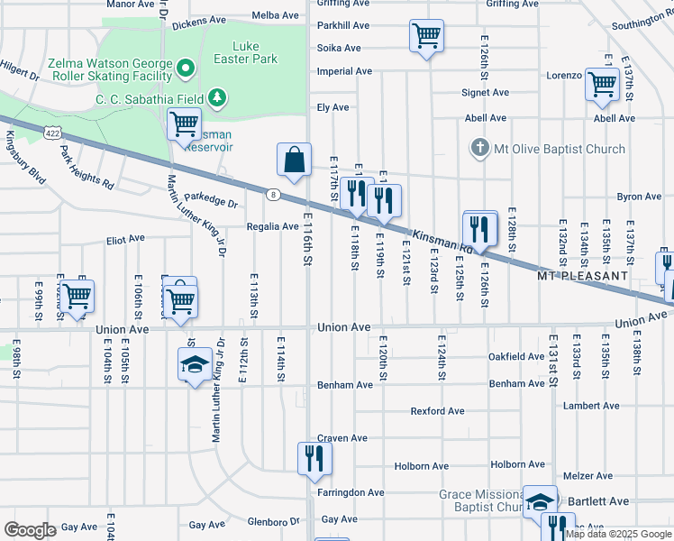 map of restaurants, bars, coffee shops, grocery stores, and more near 3407 East 117th Street in Cleveland
