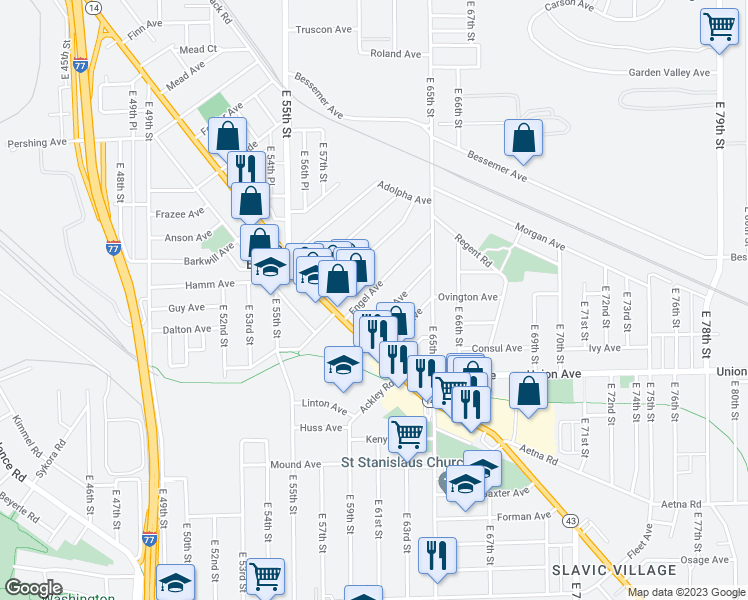map of restaurants, bars, coffee shops, grocery stores, and more near 5949 Engel Avenue in Cleveland