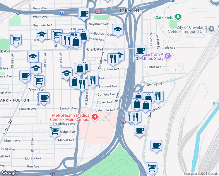map of restaurants, bars, coffee shops, grocery stores, and more near 1910 Brainard Avenue in Cleveland