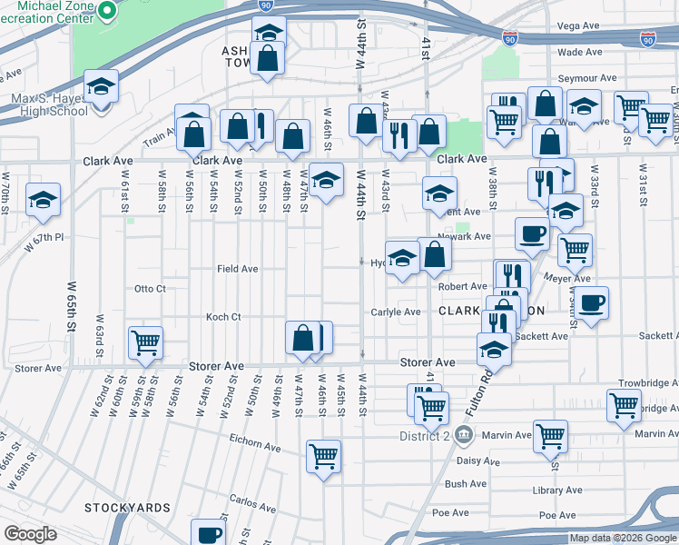 map of restaurants, bars, coffee shops, grocery stores, and more near 4432 Hyde Avenue in Cleveland