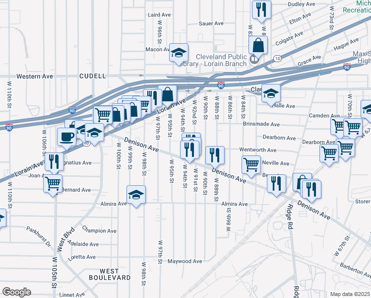 map of restaurants, bars, coffee shops, grocery stores, and more near 3220 West 92nd Street in Cleveland