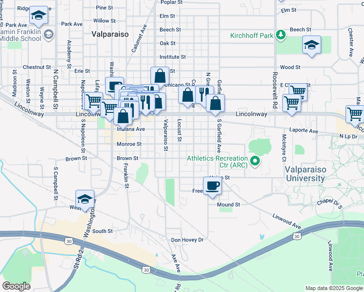 map of restaurants, bars, coffee shops, grocery stores, and more near 449-499 Monroe St in Valparaiso