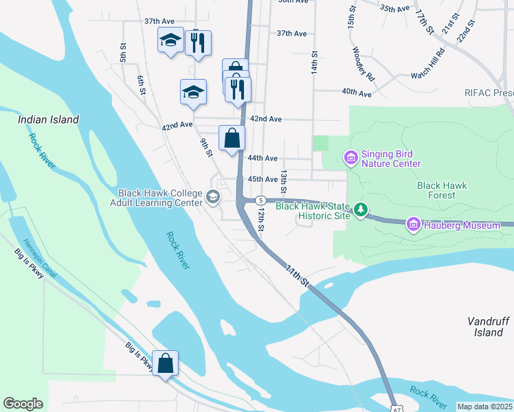 map of restaurants, bars, coffee shops, grocery stores, and more near in Rock Island