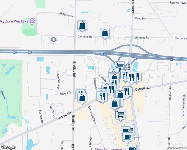 map of restaurants, bars, coffee shops, grocery stores, and more near 1544 Cedarwood Drive in Westlake