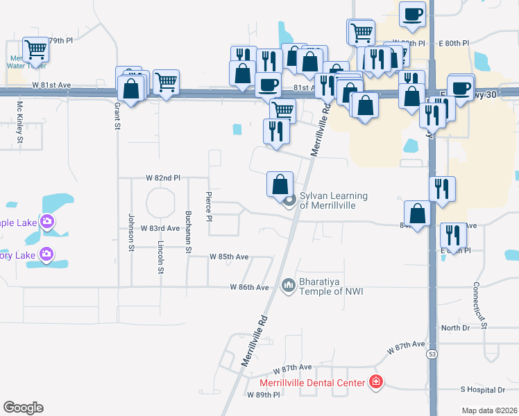 map of restaurants, bars, coffee shops, grocery stores, and more near 1160 W 84th Dr in Merrillville