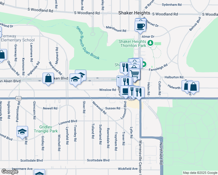 map of restaurants, bars, coffee shops, grocery stores, and more near 19806 Van Aken Boulevard in Shaker Heights