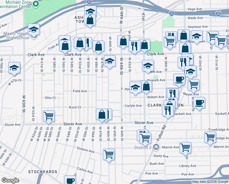 map of restaurants, bars, coffee shops, grocery stores, and more near 4432 Hyde Avenue in Cleveland