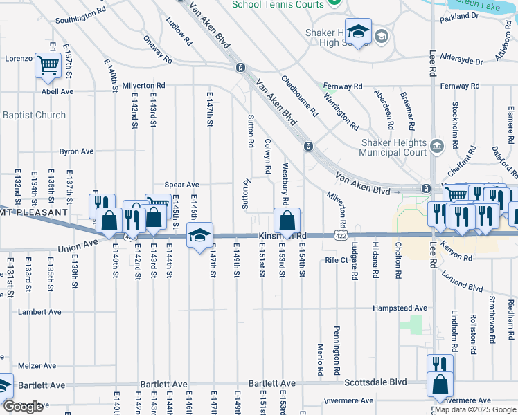 map of restaurants, bars, coffee shops, grocery stores, and more near 24 Sutton Place in Shaker Heights
