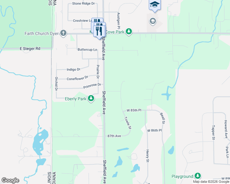 map of restaurants, bars, coffee shops, grocery stores, and more near 8375 Sheffield Avenue in Dyer