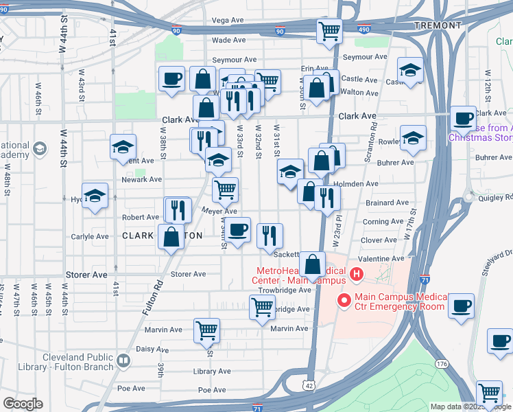 map of restaurants, bars, coffee shops, grocery stores, and more near 3248 West 32nd Street in Cleveland