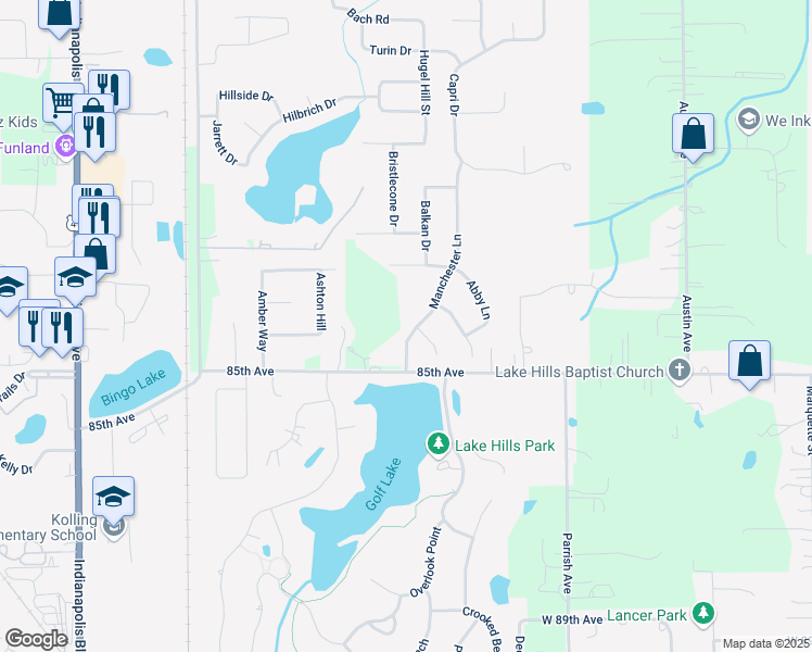 map of restaurants, bars, coffee shops, grocery stores, and more near 3118 Manchester Lane in Schererville