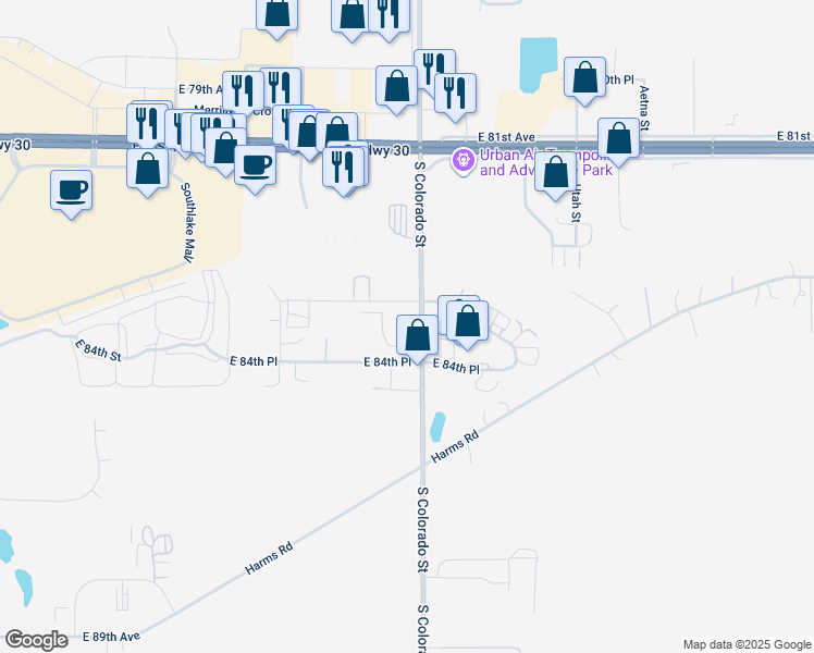 map of restaurants, bars, coffee shops, grocery stores, and more near 8401 South Colorado Street in Merrillville
