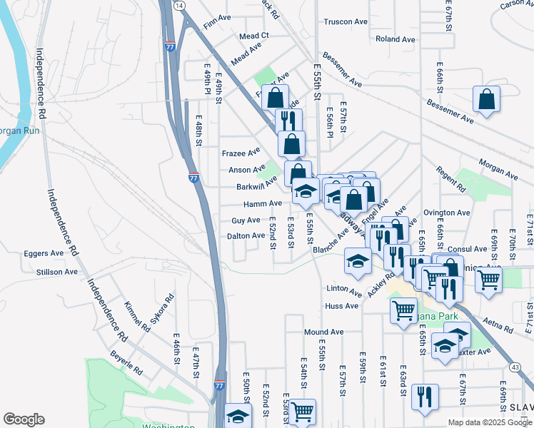 map of restaurants, bars, coffee shops, grocery stores, and more near 5200 Hamm Avenue in Cleveland