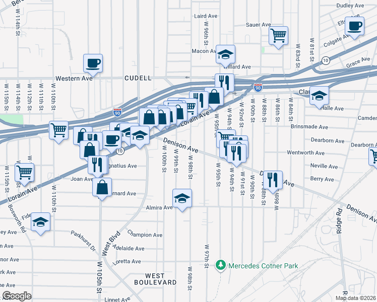 map of restaurants, bars, coffee shops, grocery stores, and more near 9807 Denison Avenue in Cleveland