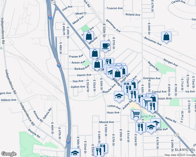 map of restaurants, bars, coffee shops, grocery stores, and more near 3395 East 55th Street in Cleveland