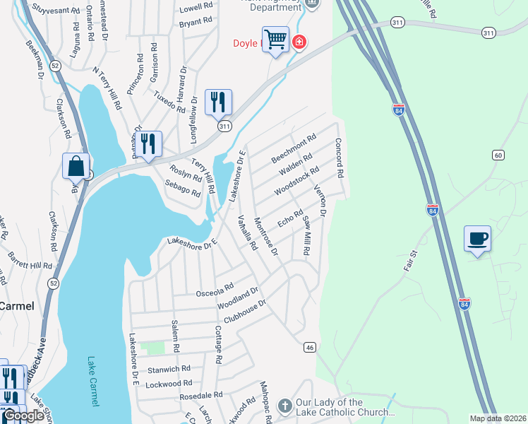 map of restaurants, bars, coffee shops, grocery stores, and more near 16 Huntington Road in Carmel Hamlet