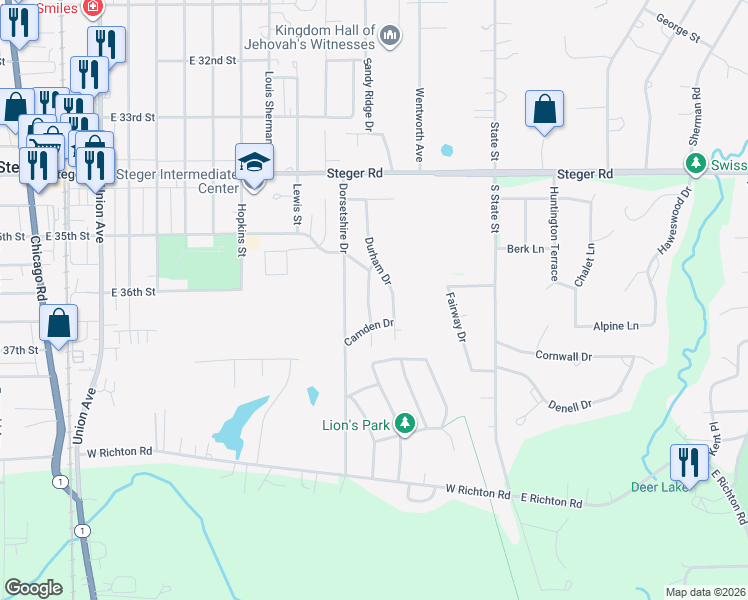 map of restaurants, bars, coffee shops, grocery stores, and more near 241 Tiverton Lane in Steger
