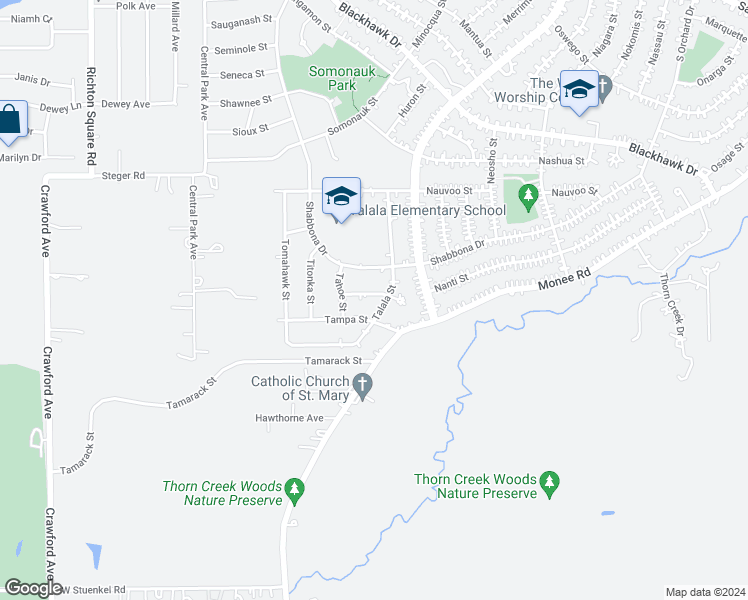 map of restaurants, bars, coffee shops, grocery stores, and more near 211 Towanda Street in Park Forest