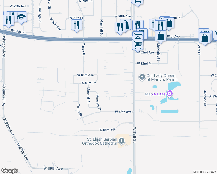 map of restaurants, bars, coffee shops, grocery stores, and more near 8403 Ellsworth Place in Merrillville