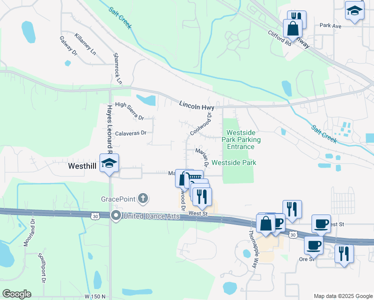 map of restaurants, bars, coffee shops, grocery stores, and more near 300 Marian Drive in Valparaiso