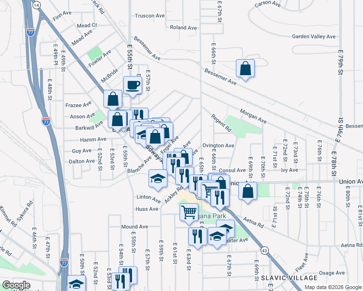 map of restaurants, bars, coffee shops, grocery stores, and more near 6067 Hillman Avenue in Cleveland