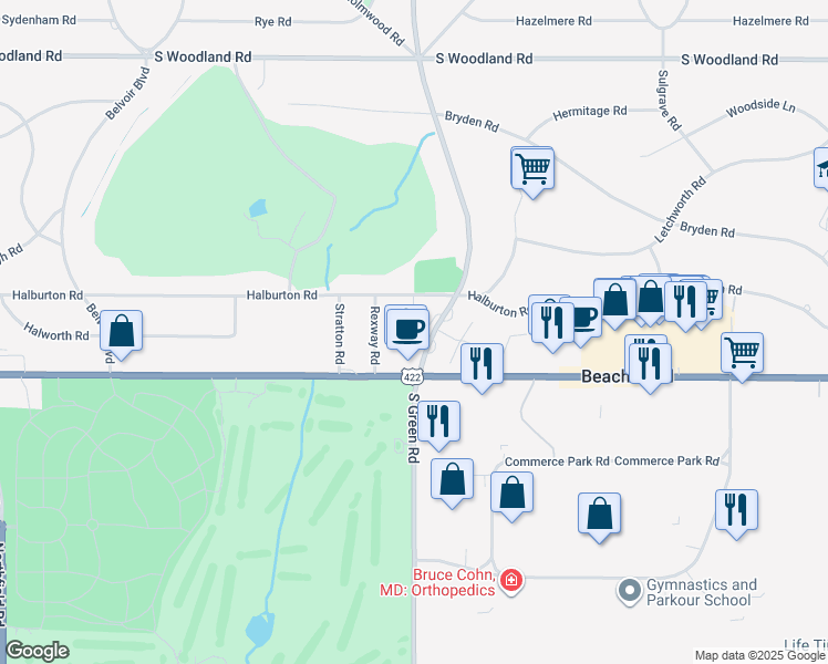 map of restaurants, bars, coffee shops, grocery stores, and more near 3434 Old Green Road in Beachwood