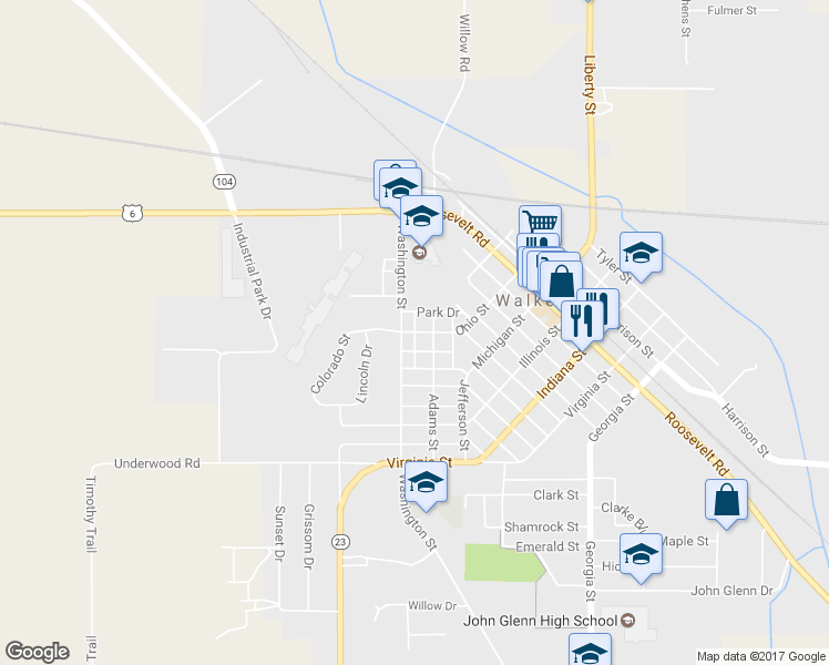 map of restaurants, bars, coffee shops, grocery stores, and more near Ohio Street in Walkerton