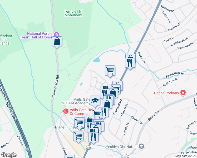 map of restaurants, bars, coffee shops, grocery stores, and more near 1119 Washington Green in New Windsor