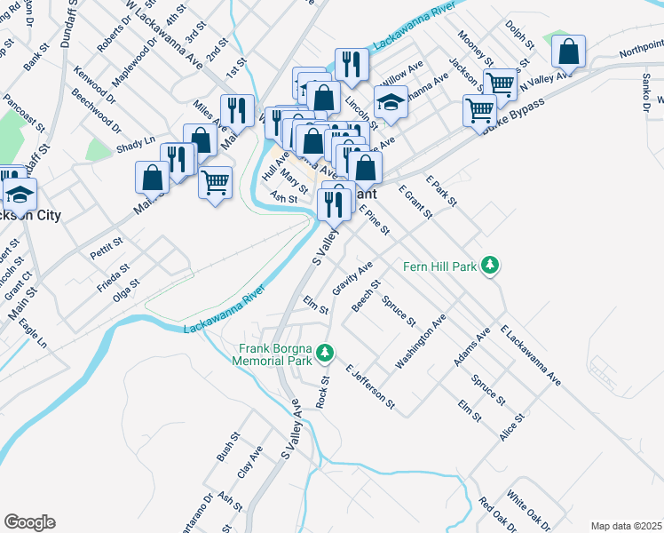 map of restaurants, bars, coffee shops, grocery stores, and more near 206 South Valley Avenue in Olyphant