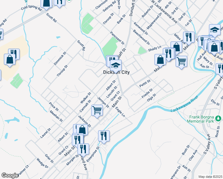 map of restaurants, bars, coffee shops, grocery stores, and more near 1057 Lincoln Street in Dickson City