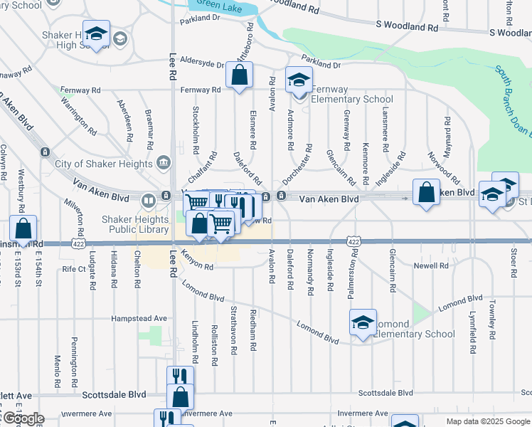 map of restaurants, bars, coffee shops, grocery stores, and more near 3440 Avalon Road in Shaker Heights