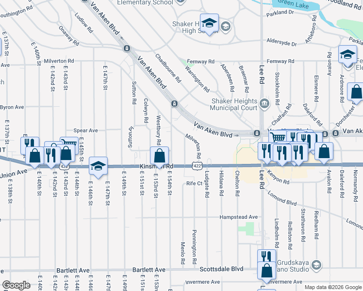 map of restaurants, bars, coffee shops, grocery stores, and more near 3430 Milverton Road in Shaker Heights
