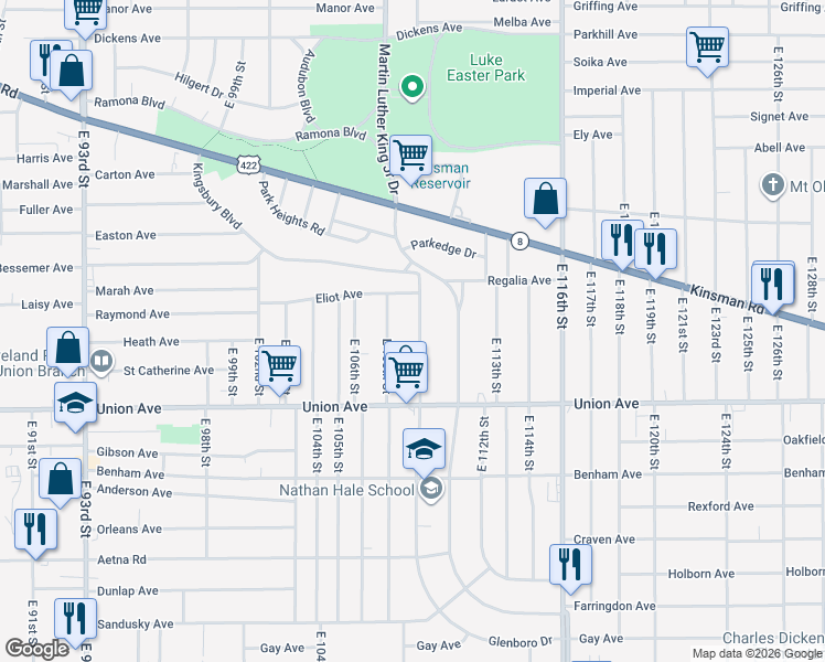 map of restaurants, bars, coffee shops, grocery stores, and more near 3410 East 110th Street in Cleveland