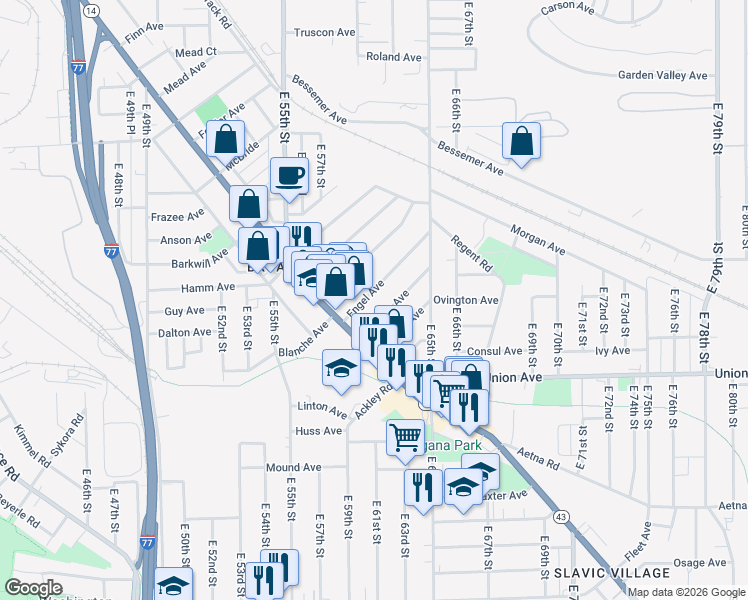 map of restaurants, bars, coffee shops, grocery stores, and more near 5949 Engel Avenue in Cleveland