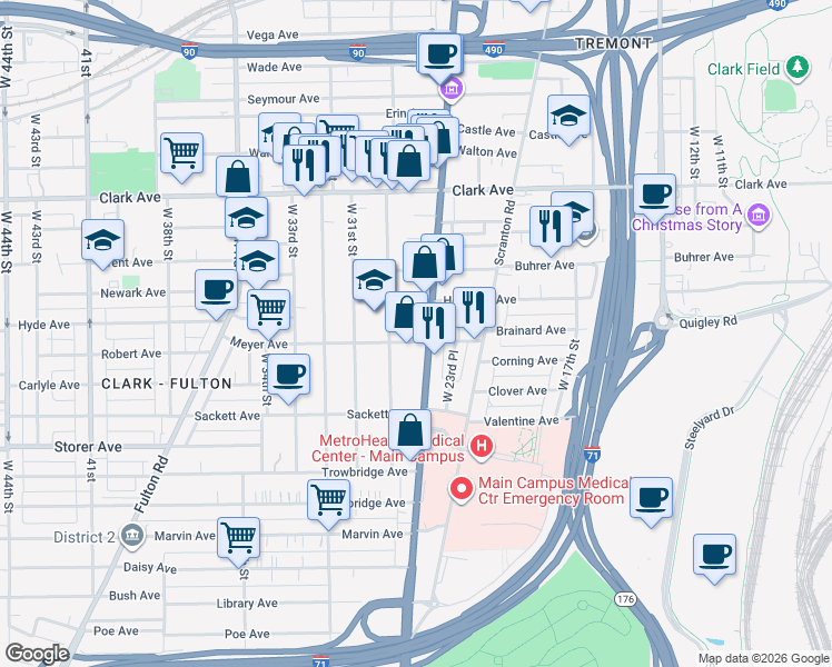 map of restaurants, bars, coffee shops, grocery stores, and more near 3236 West 25th Street in Cleveland