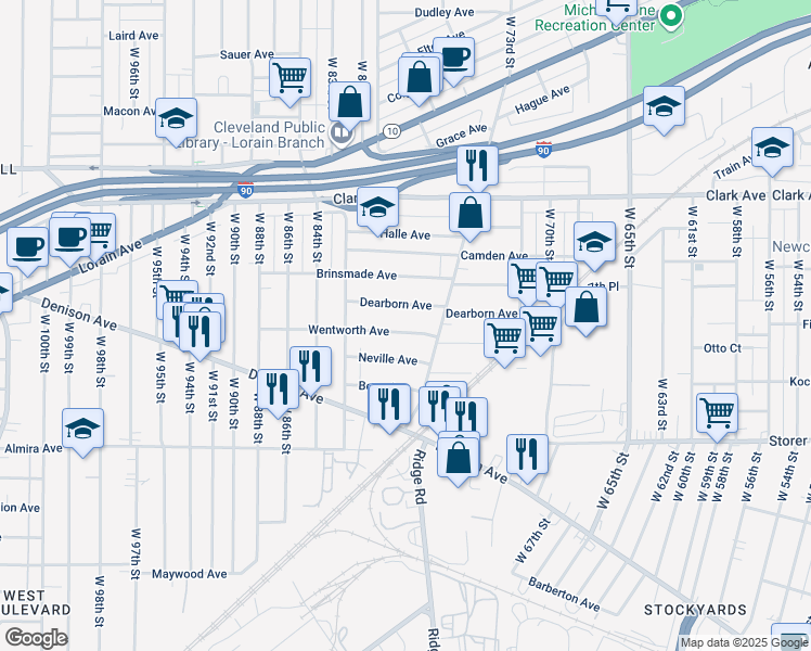 map of restaurants, bars, coffee shops, grocery stores, and more near 7703 Dearborn Avenue in Cleveland