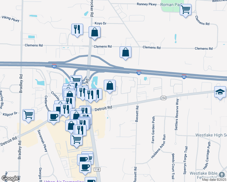 map of restaurants, bars, coffee shops, grocery stores, and more near 1354 Bobby Lane in Westlake