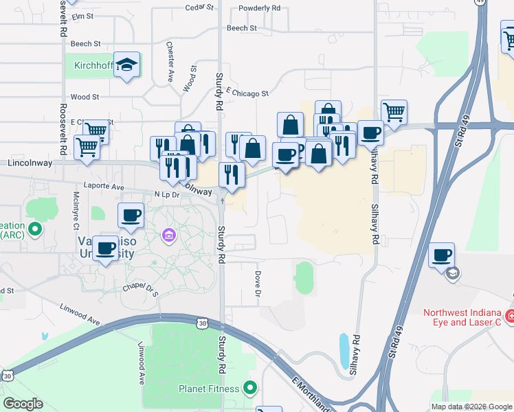 map of restaurants, bars, coffee shops, grocery stores, and more near 254 Mayfield Avenue in Valparaiso