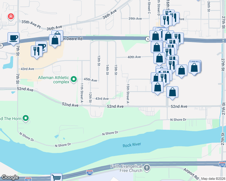 map of restaurants, bars, coffee shops, grocery stores, and more near 4213 15th Street in Moline