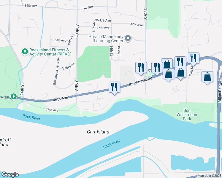 map of restaurants, bars, coffee shops, grocery stores, and more near 3401-3599 Blackhawk Road in Rock Island