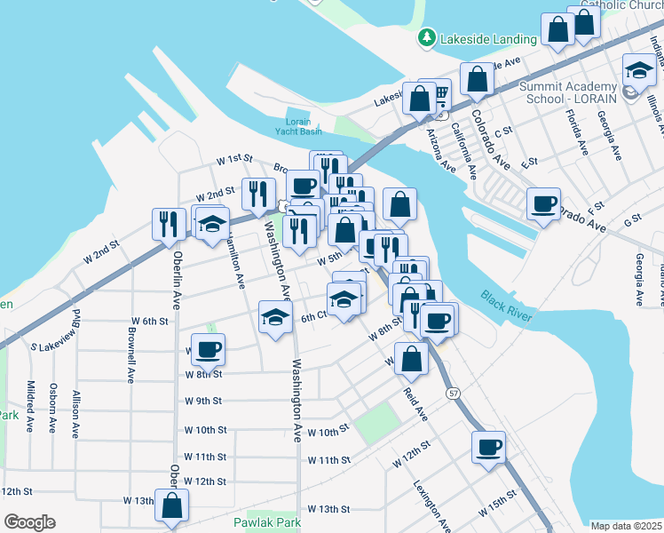 map of restaurants, bars, coffee shops, grocery stores, and more near 221 West 5th Street in Lorain