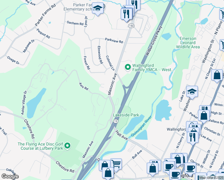 map of restaurants, bars, coffee shops, grocery stores, and more near 80 Masonic Avenue in Wallingford