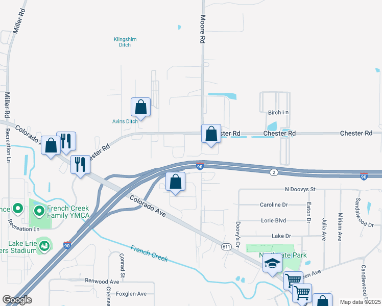 map of restaurants, bars, coffee shops, grocery stores, and more near 1610 Moore Road in Avon