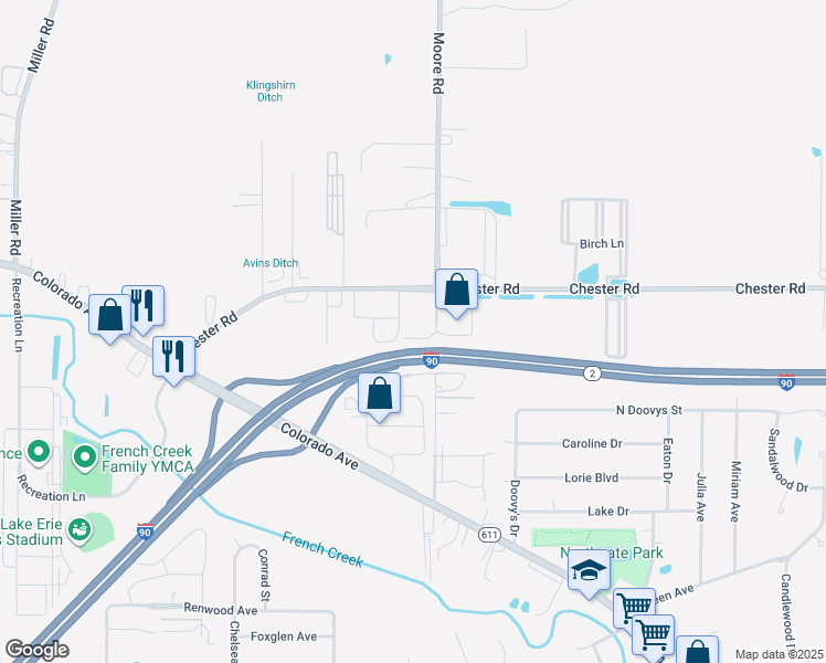 map of restaurants, bars, coffee shops, grocery stores, and more near 1610 Moore Road in Avon