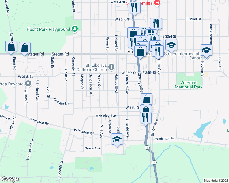 map of restaurants, bars, coffee shops, grocery stores, and more near 3600 Halsted Boulevard in Steger