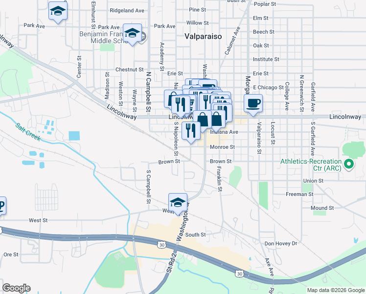 map of restaurants, bars, coffee shops, grocery stores, and more near Monroe Street in Valparaiso