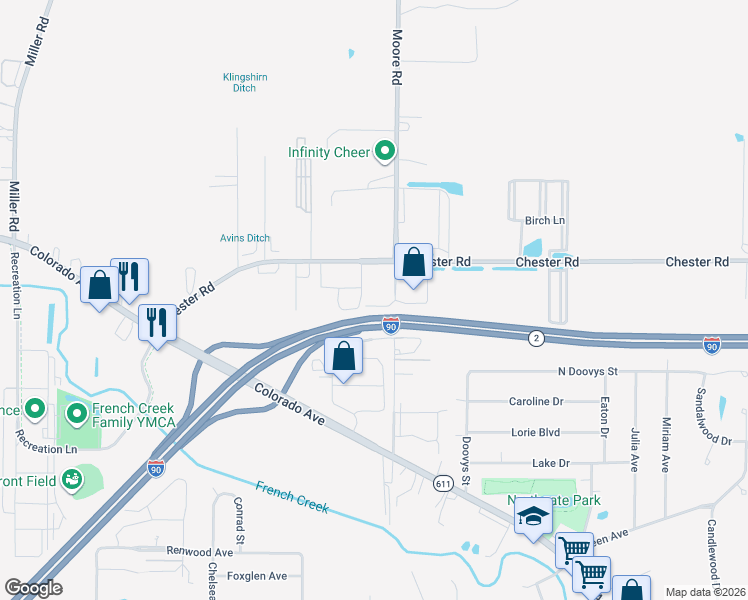 map of restaurants, bars, coffee shops, grocery stores, and more near 1610 Moore Road in Avon